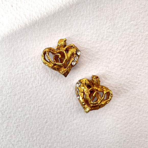 Vintage Christian Lacroix Heart Shaped Postmodern Gold Jeweled Cli On Earrings - Picture 2 of 9